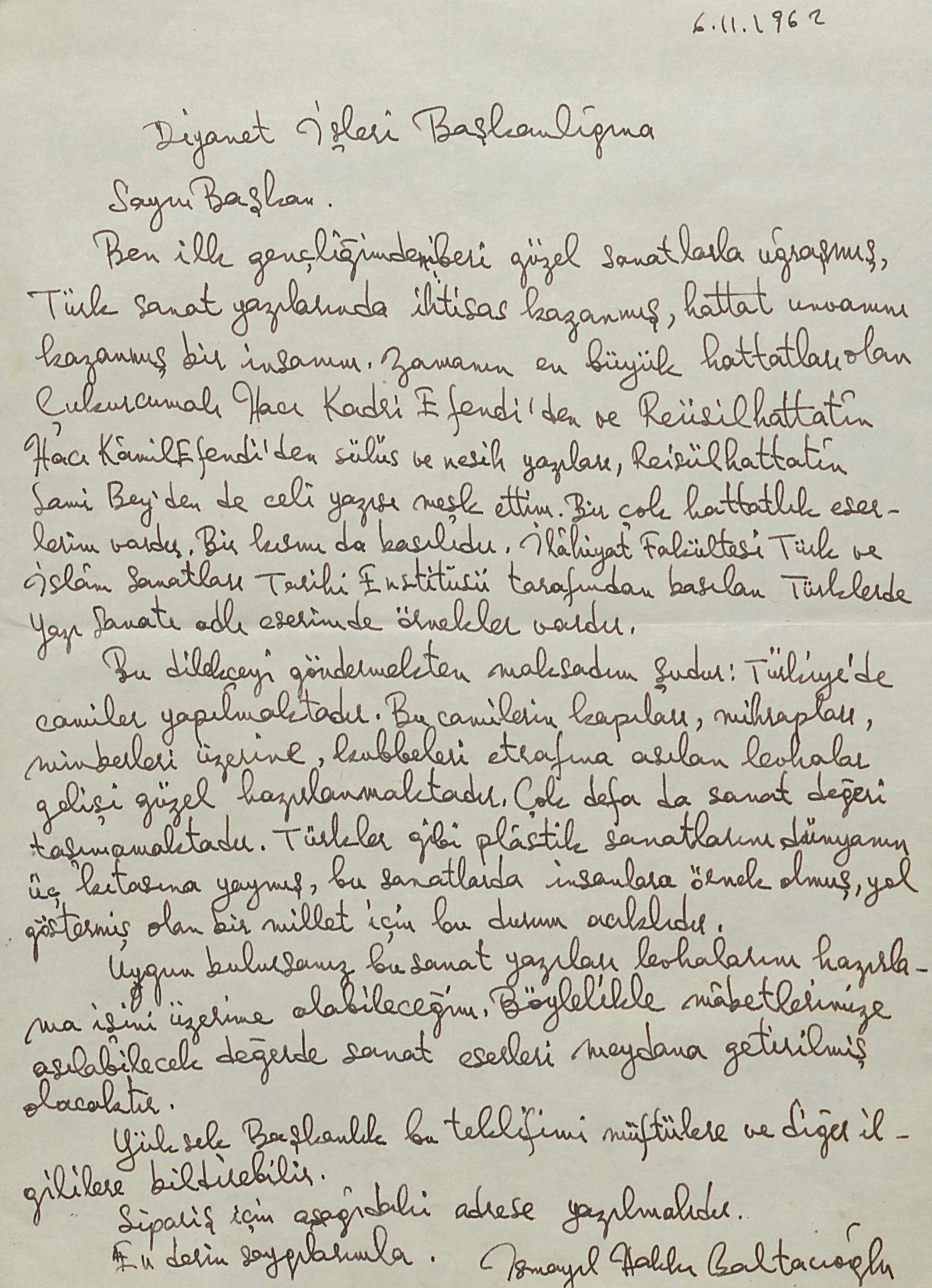 Baltacıoğlu’nun Diyanet İşleri Başkanlığına, sanat eserlerinin korunmasına dair yazdığı dilekçe, 6 Kasım 1962