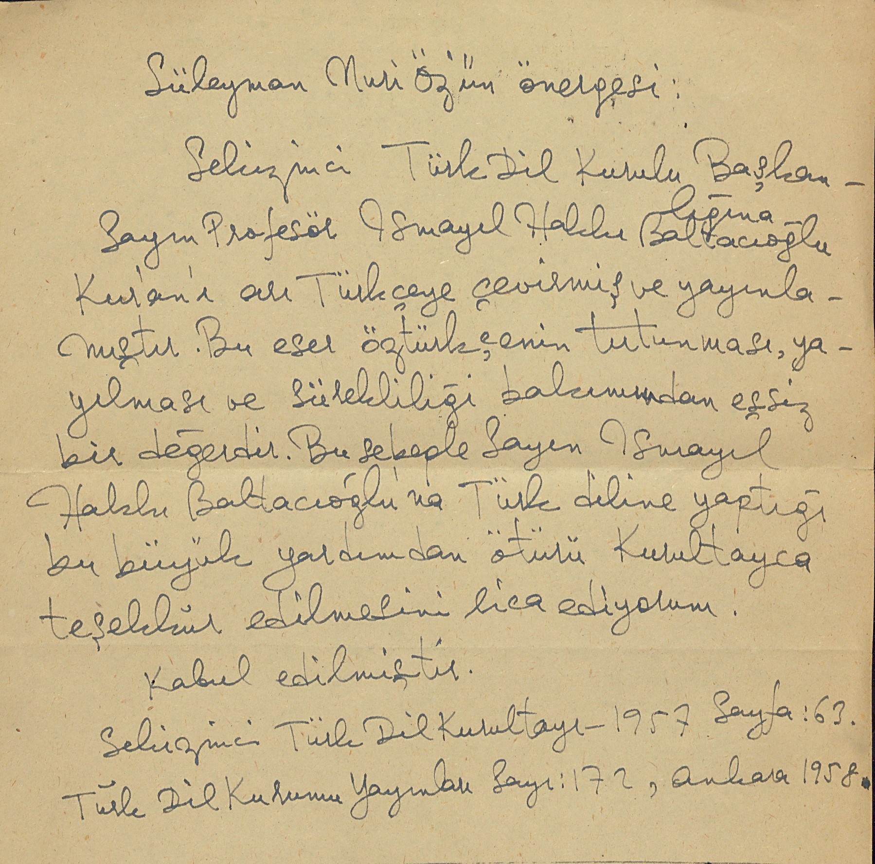 Baltacıoğlu’na yaptığı Kuran çevirisi dolayısıyla Türk Dil Kurultayı’ndan teşekkür