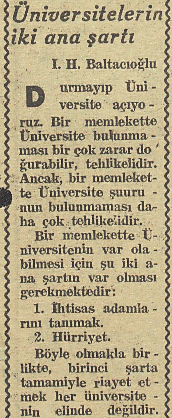 Baltacıoğlu’nun 20 Kasım 1960 ve 10 Ocak 1962 tarihinde Medeniyet gazetesinde çıkan yazısı
