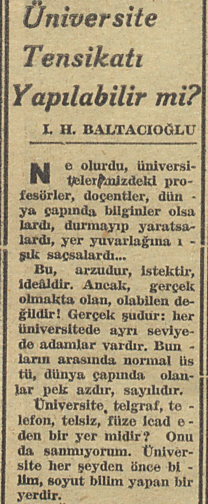 Baltacıoğlu’nun 20 Kasım 1960 ve 10 Ocak 1962 tarihinde Medeniyet gazetesinde çıkan yazısı