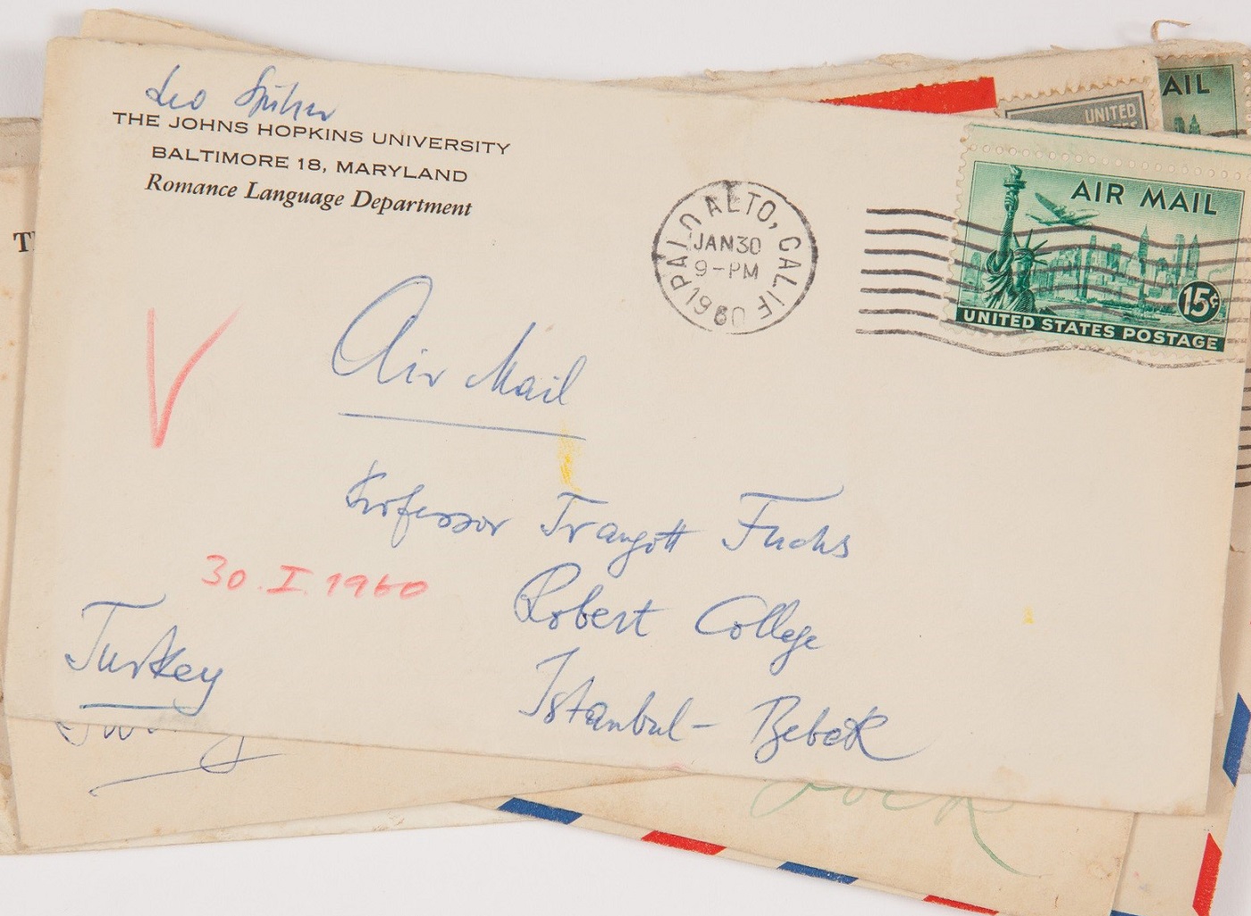 Leo Spitzer tarafından Traugott Fuchs’a gönderilen mektupların zarfları (1960lar)