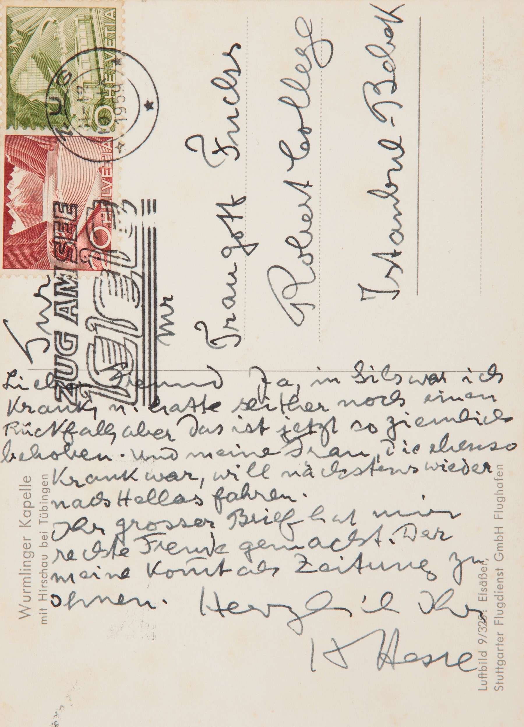 Hermann Hesse tarafından Traugott Fuchs’a gönderilen kartpostal (10 Eylül 1959)