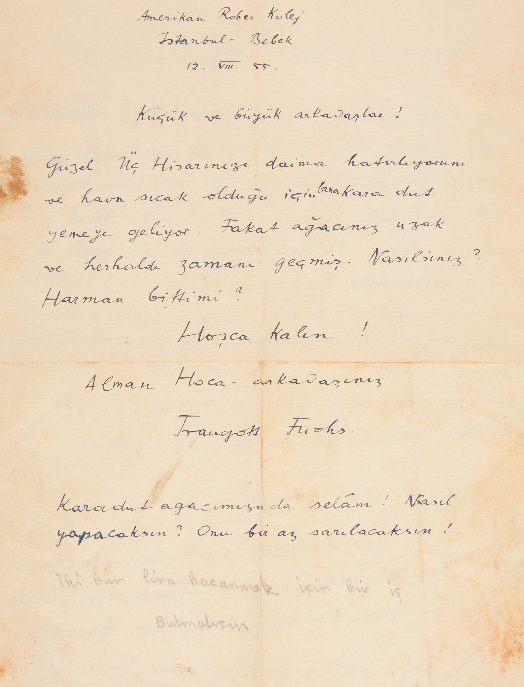 Traugott Fuchs tarafından öğrencilerine yazılan mektup (12 Ağustos 1955)