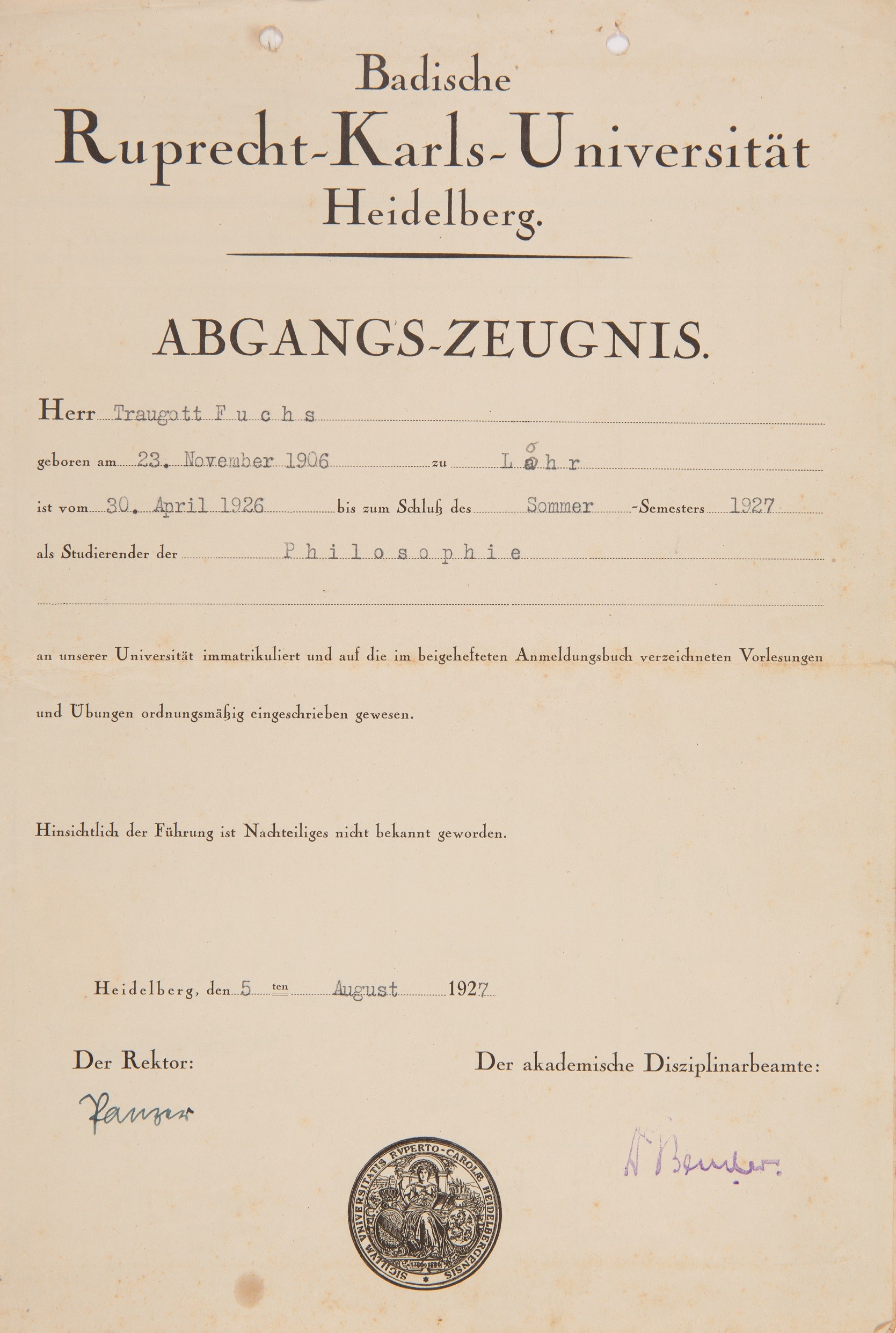 Traugott Fuchs’un Heidelberg Ruprecht-Karls-Universitesi’nden diploması (ayrılma sertifikası)