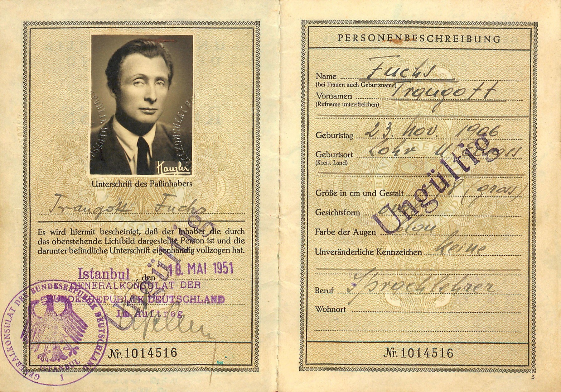 18 Mayıs 1951’da İstanbul’da Traugott Fuchs’a verilen pasaport