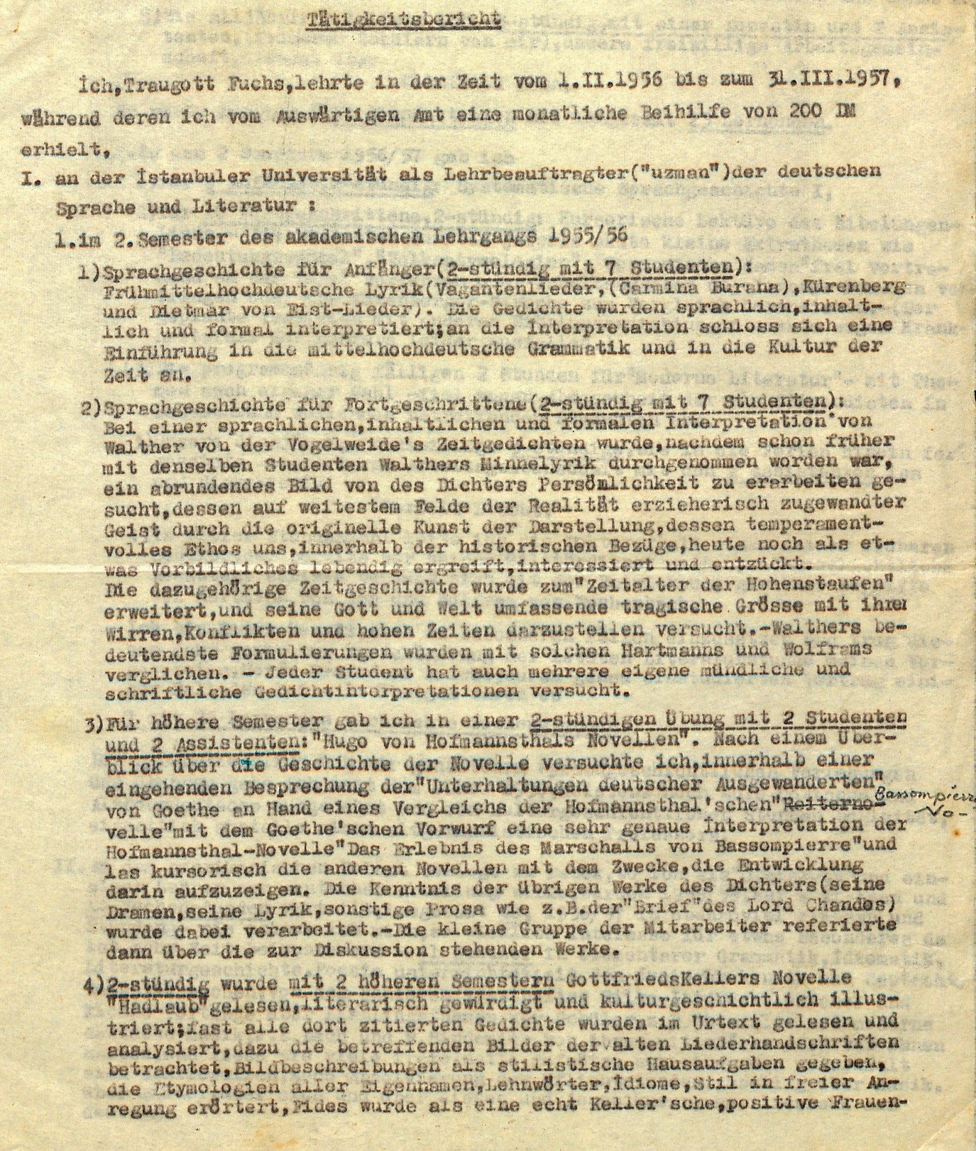 1956/57 senesi için Traugott Fuchs’un faaliyet raporu