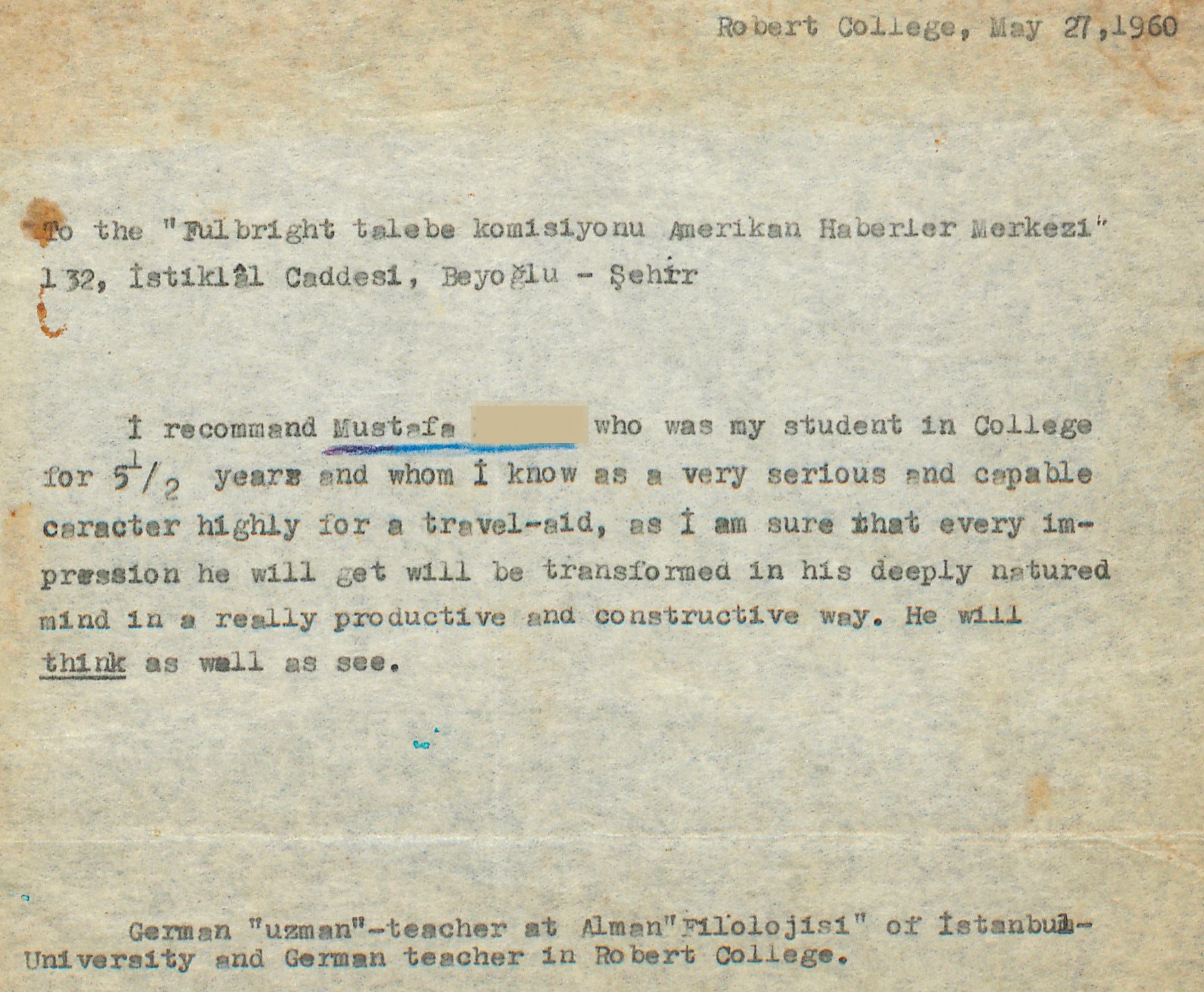 Traugott Fuchs’un bir öğrencisi için yazdığı tavsiye mektubu