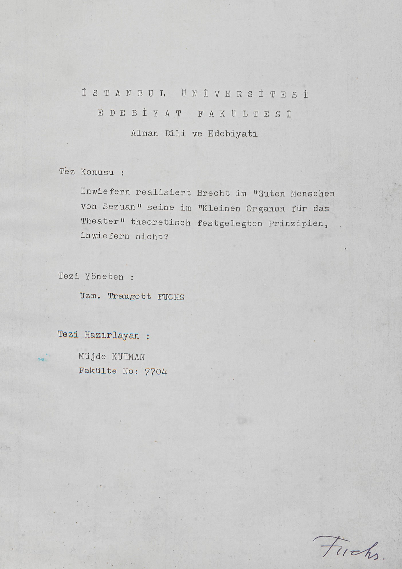 Traugott Fuchs tarafından yönetilen bir tezin kapağı