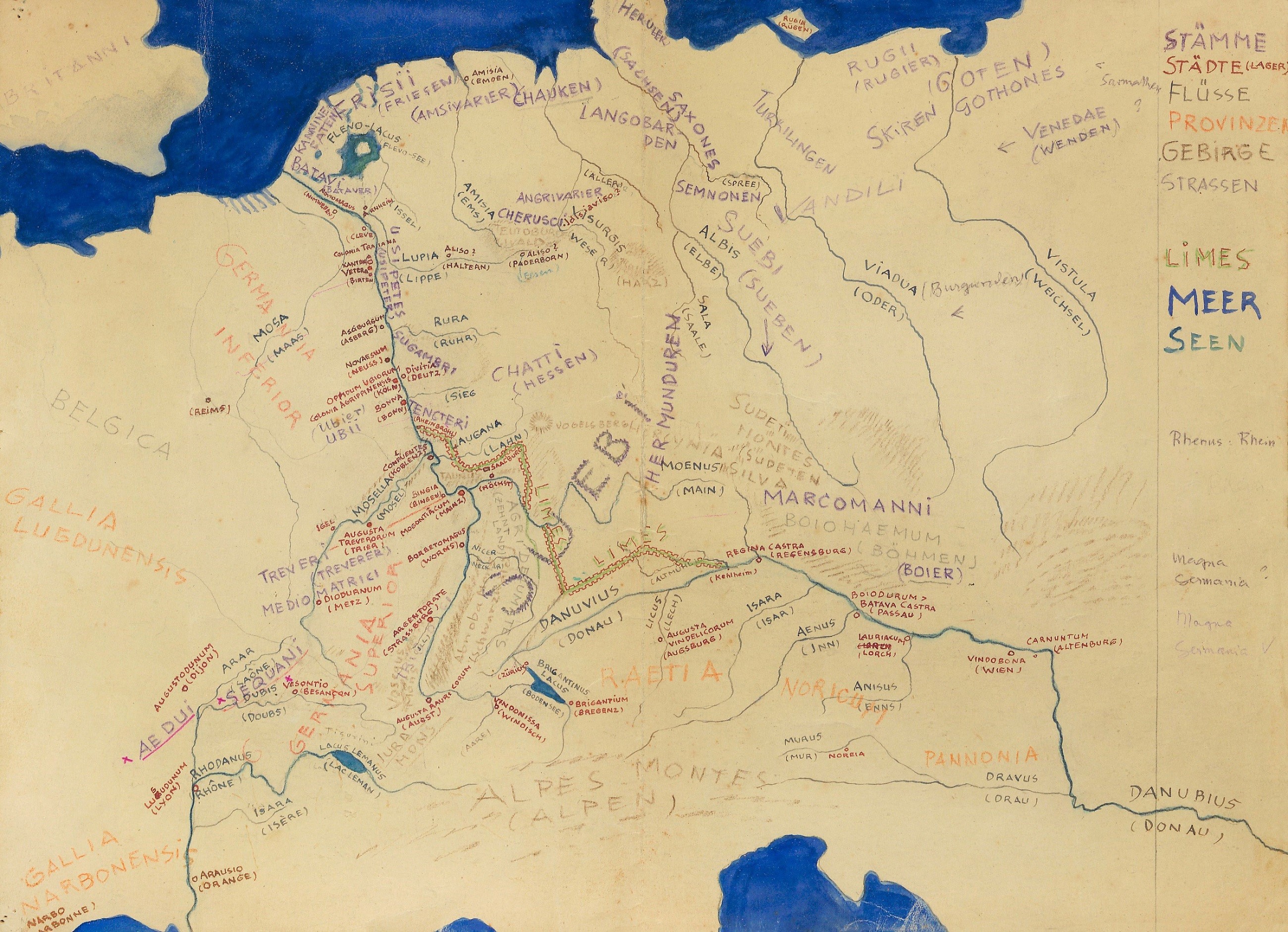 Traugott Fuchs tarafından hazırlanan Romen ve Germen kavimleri adlı harita