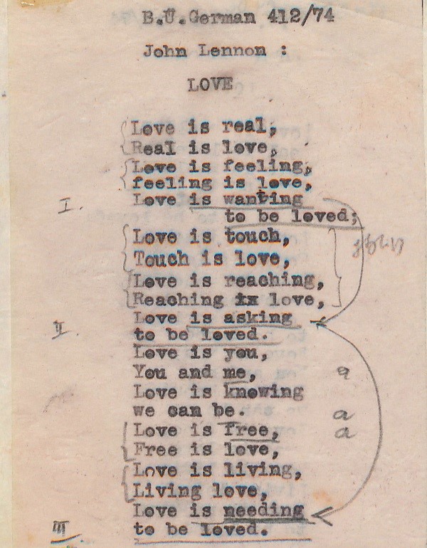 Traugott Fuchs’un 1974 yılında Boğaziçi Üniversitesi’ndeki dersi için hazırladığı John Lennon’un Love şarkısı