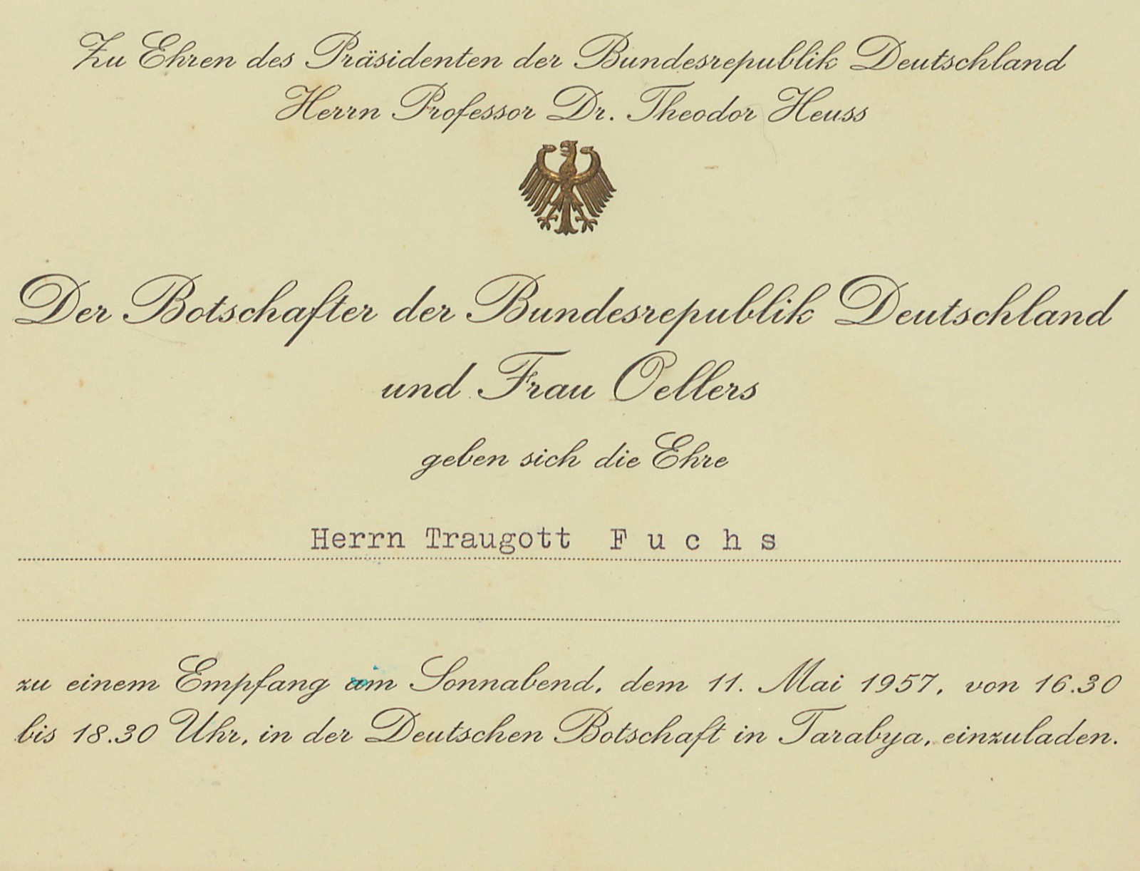 Almanya Büyükelçisi tarafından Traugott Fuchs’a gönderilen resepsiyon davetiyesi (11 Mayıs 1957)