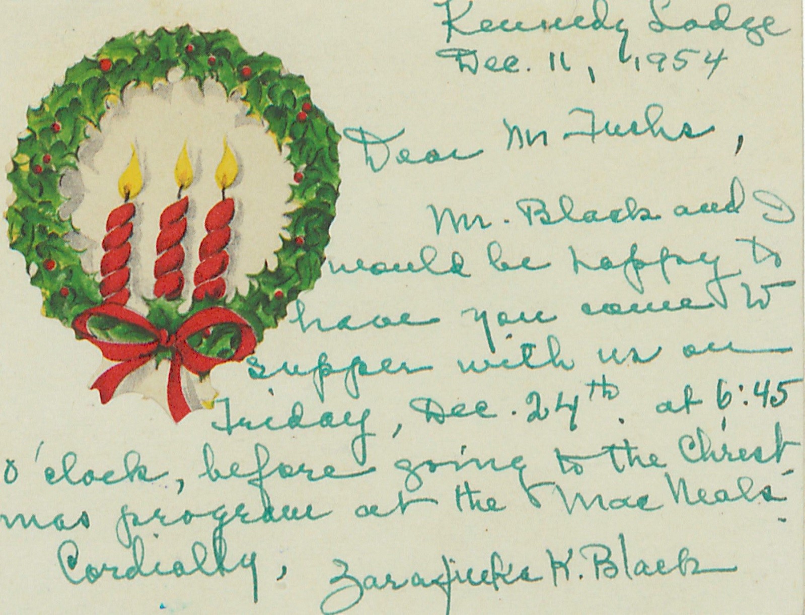 Bayan Black tarafından Traugott Fuchs’a gönderilen akşam yemeği davetiyesi (11 Aralık 1954)