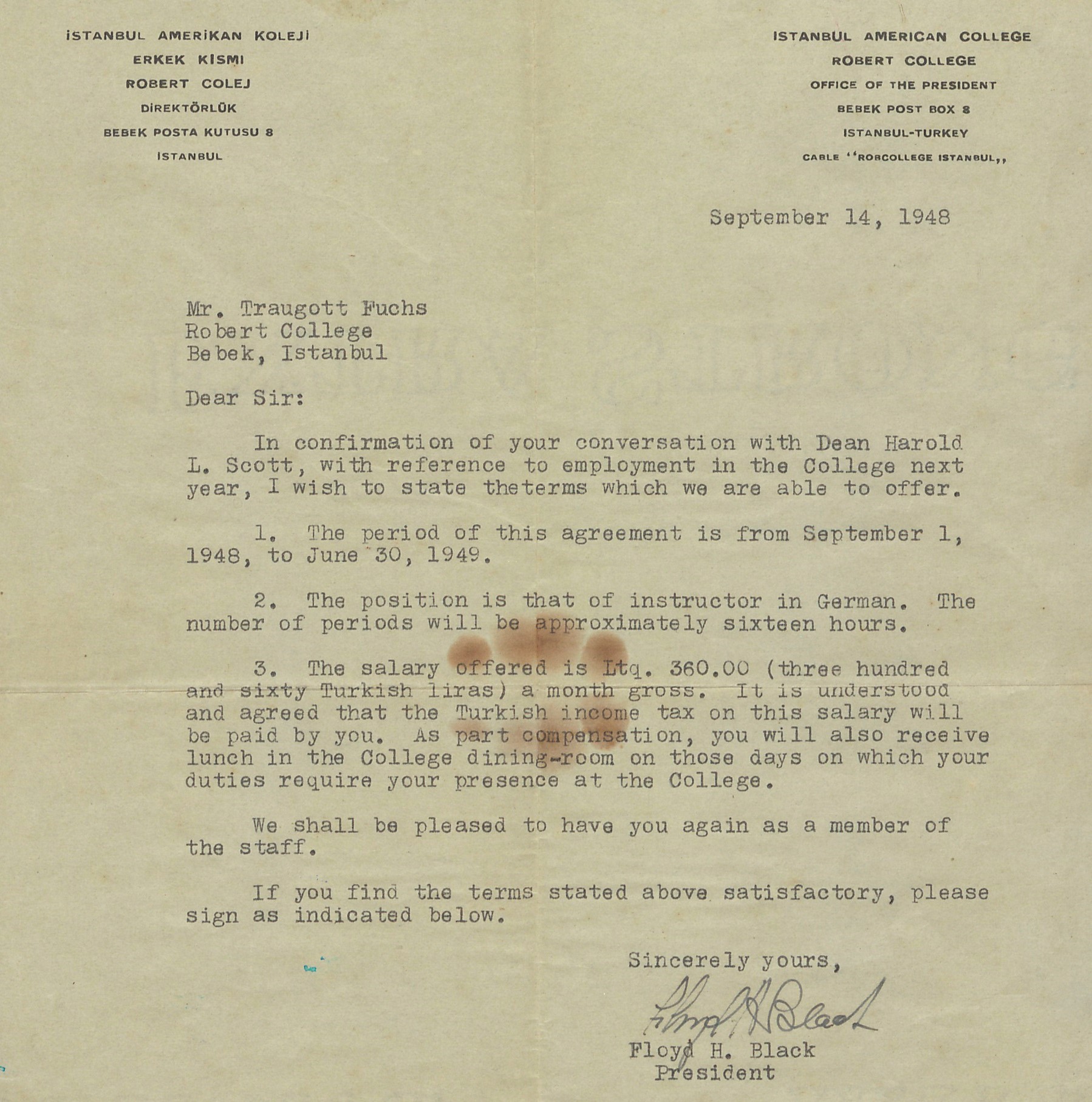 1948-1949 akademik yılı için Robert Kolej’de Traugott Fuchs’a iş teklifi (14 Eylül 1948)