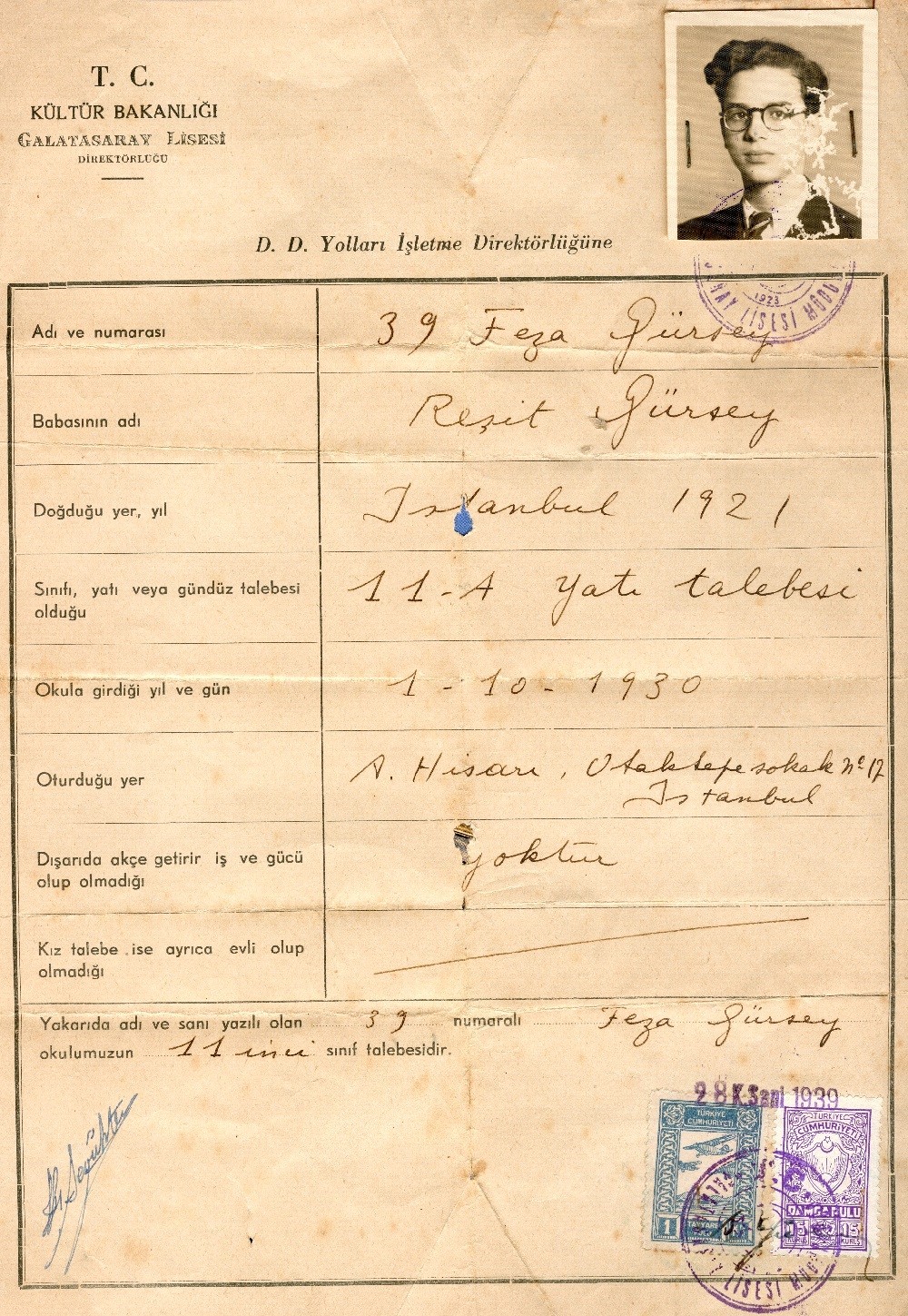 Feza Gürsey’s enrollment document at Galatasaray High School