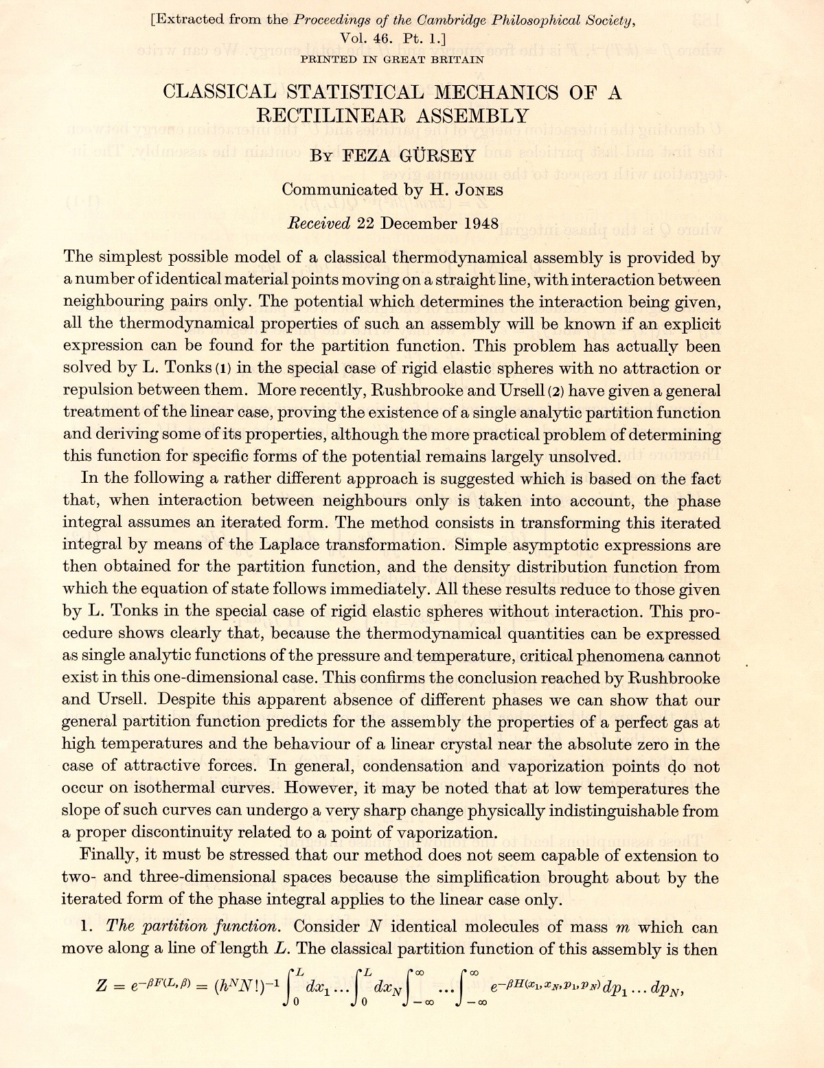 The first page of the Feza Gürsey’s first article published in 1950 in the 46th issue of the journal of Mathematical Proceedings of the Cambridge Philosophical Society 