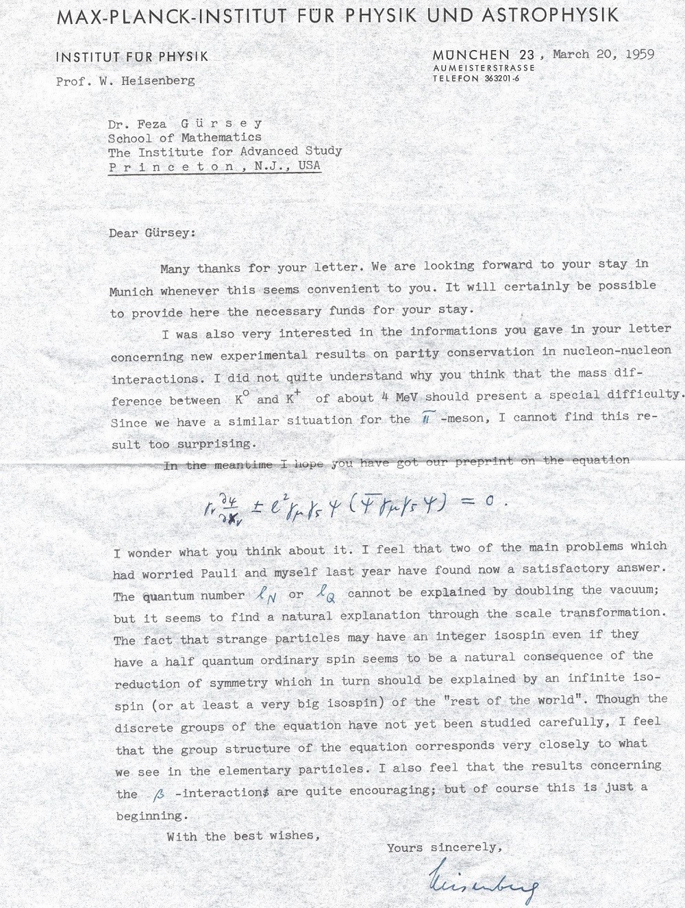 A letter from Werner Heisenberg, Nobel Laurate in Physics in 1932, to Feza Gürsey, dating from 20 March 1959 