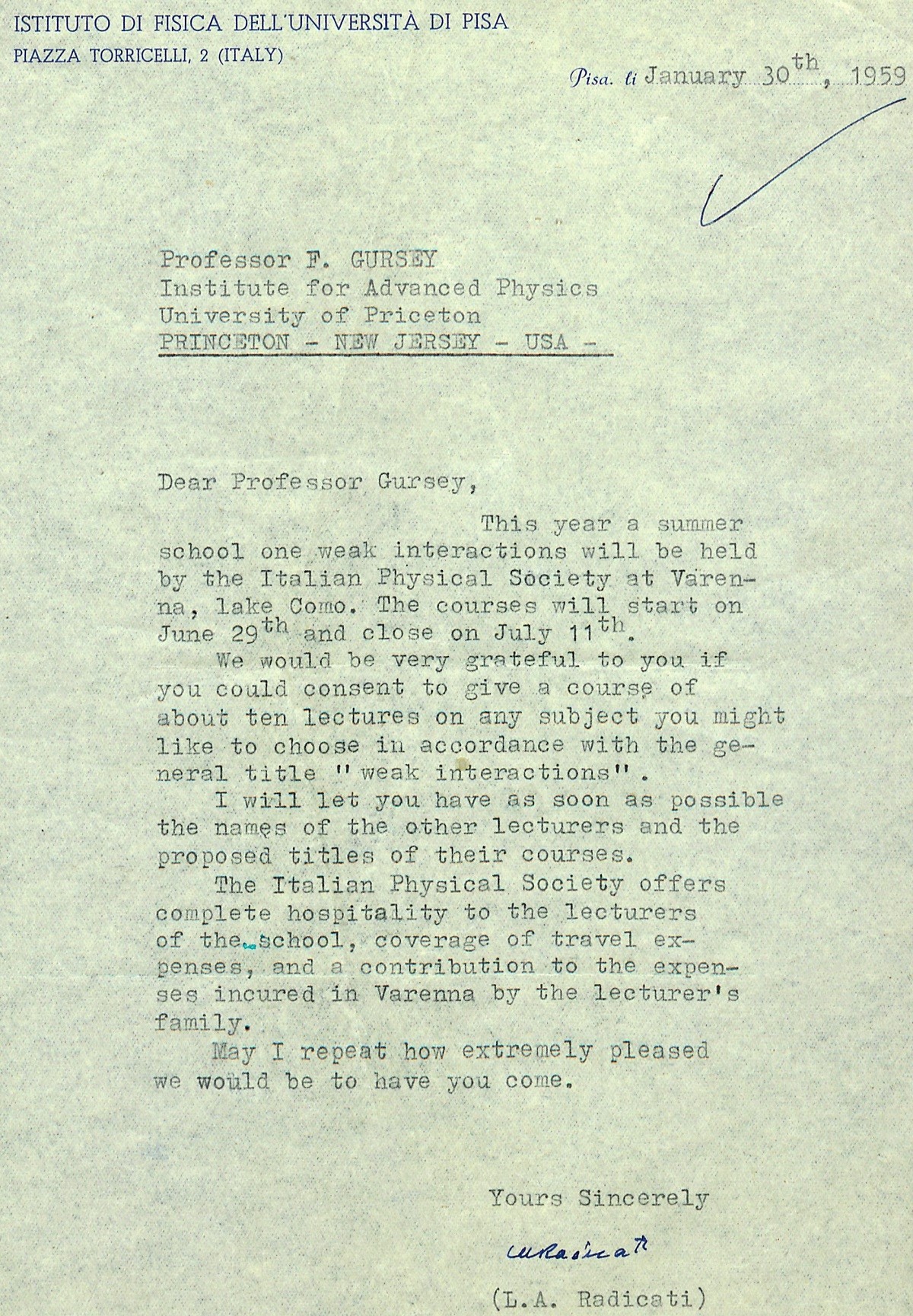 The letter sent by famous physicist Luigi Arialdo Radicati to Feza Gürsey, dating from 30 January 1959 