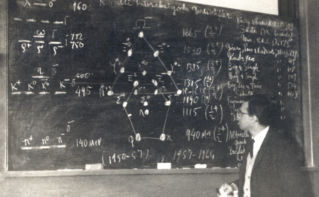 Feza Gürsey’s picture taken in front of a blackboard while he was teaching 