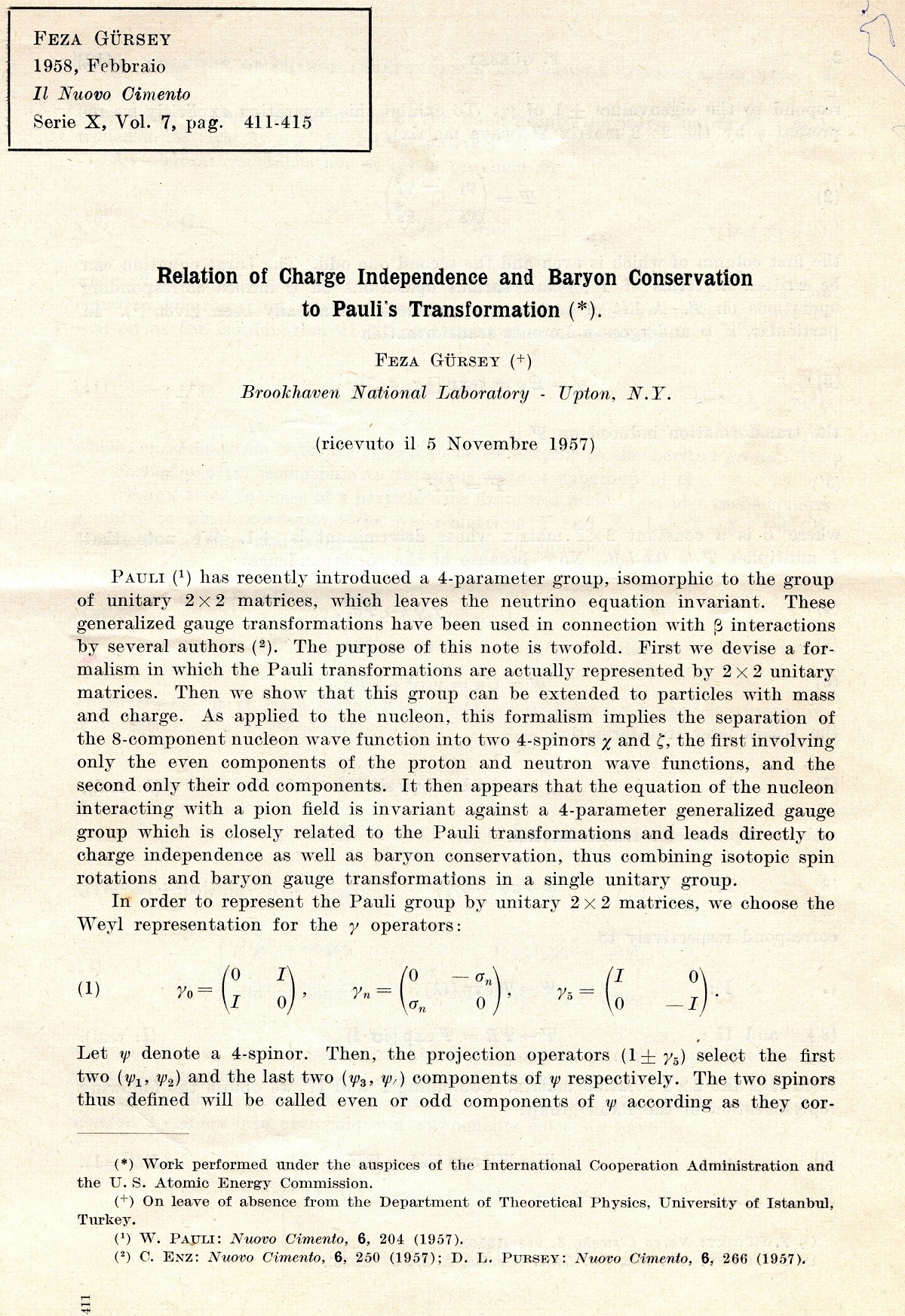 The first page of Feza Gürsey’s article published in 1957 in the 7th issue of the journal Il Nuovo Cimento