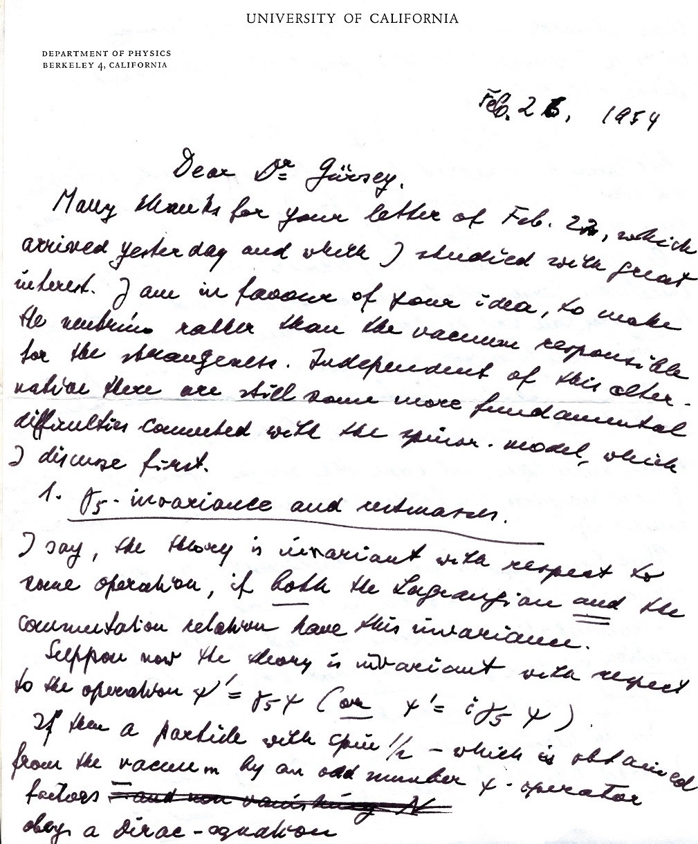 The letter sent to Feza Gürsey by Wolfgang Pauli dating from 26 February 1954 