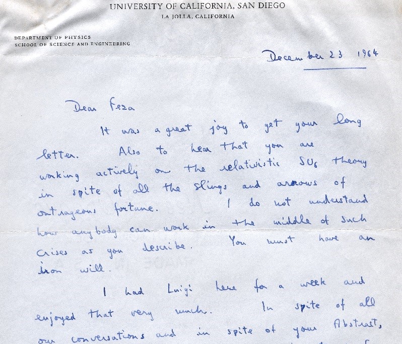 A letter sent by the famous physicist Freeman Dyson to Feza Gürsey dating from 23 December 1964 