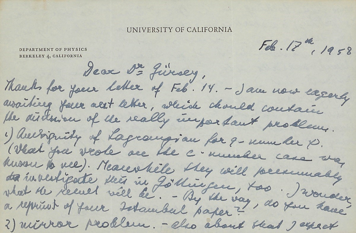 The letter sent to Feza Gürsey by Wolfgang Pauli dating from 17 February 1958