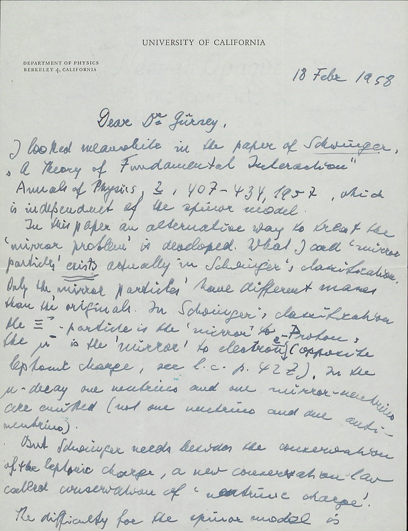 Wolfgang Pauli tarafından 1958 Şubat ayında Feza Gürsey'e gönderilmiş mektuplardan örnekler