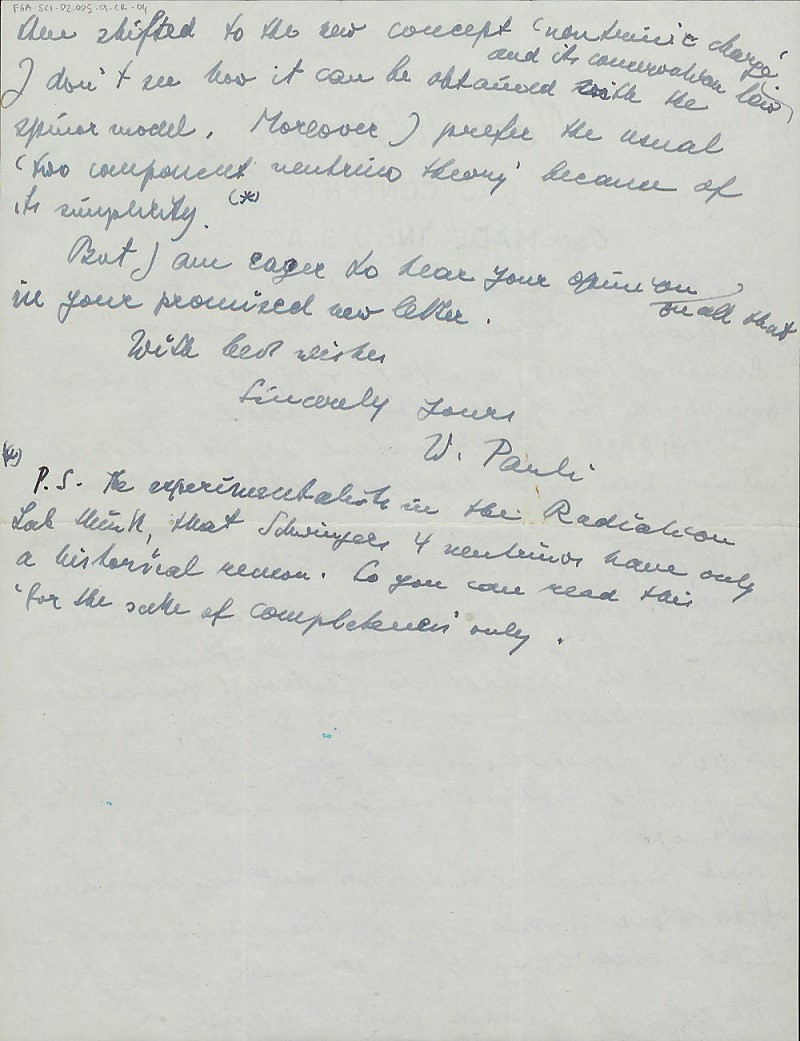 Wolfgang Pauli tarafından 1958 Şubat ayında Feza Gürsey'e gönderilmiş mektuplardan örnekler