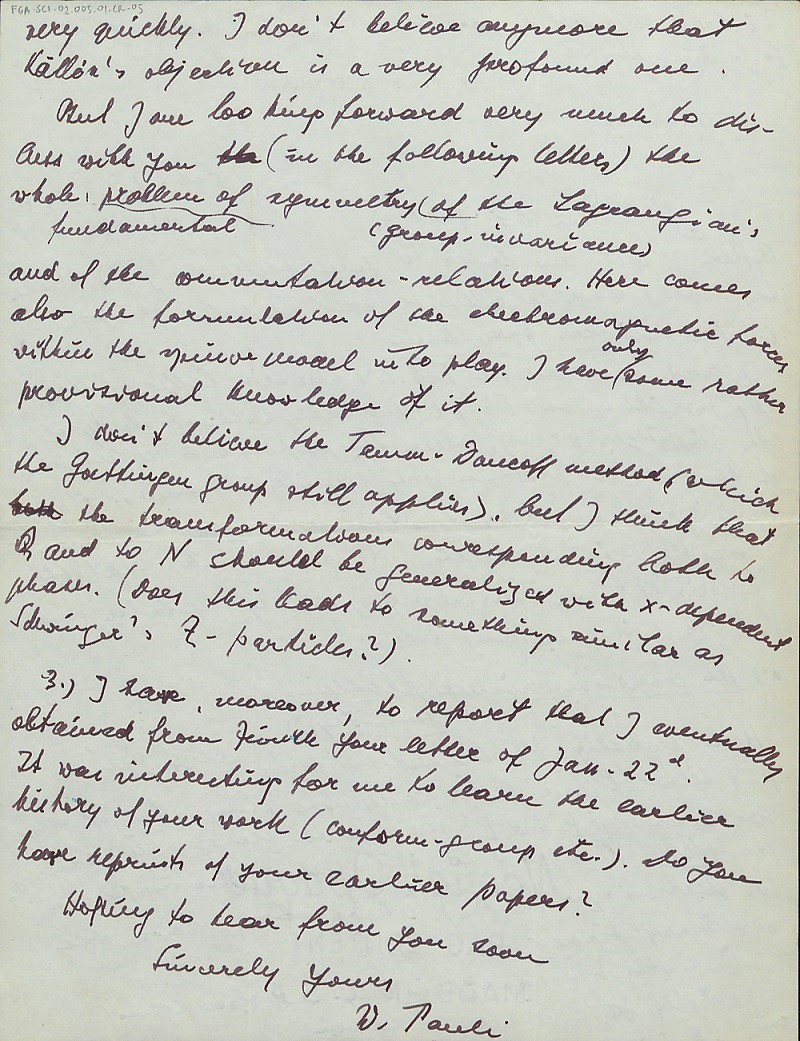 Wolfgang Pauli tarafından 1958 Şubat ayında Feza Gürsey'e gönderilmiş mektuplardan örnekler