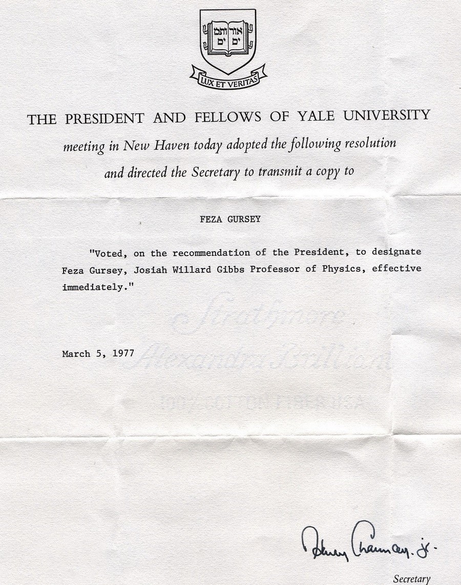 A letter stating that Feza Gürsey is entitled as the Josiah Willard Gibbs Professor, dating from  5 March 1977