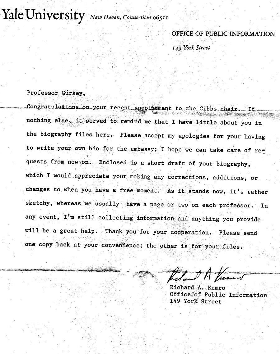 A letter by Richard A. Kumro, stating that Feza Gürsey is entitled as the Josiah Willard Gibbs professor