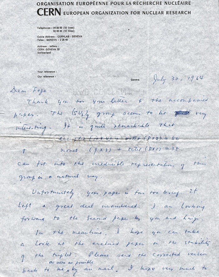 A letter dating from 30 July 1964, sent to Feza Gürsey by Tsung-Dao Lee, who was awarded the Nobel Prize in physics in 1957