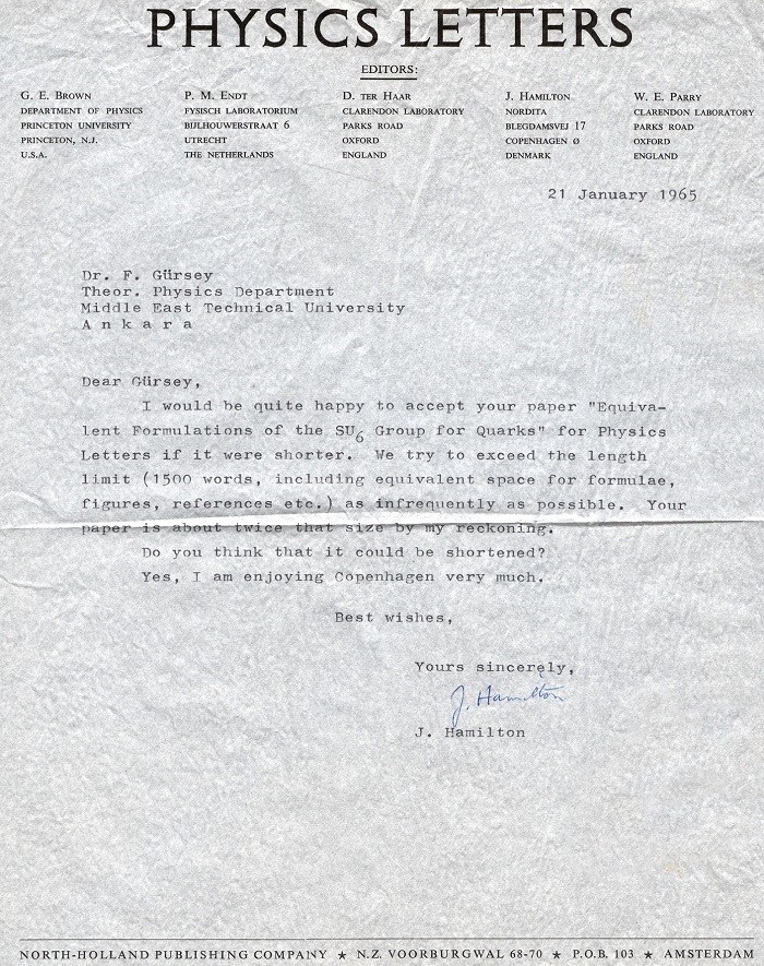 A letter from James Hamilton to Feza Gürsey dated 21 January 1965