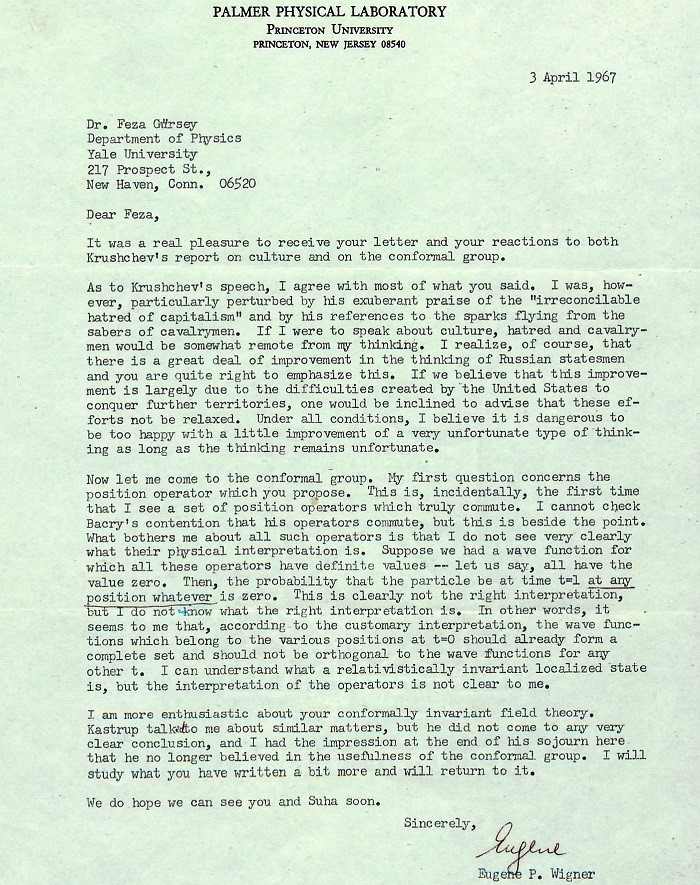 A letter sent to Feza Gürsey by Eugene F. Wigner, who was awarded the Nobel Prize in physics in 1967