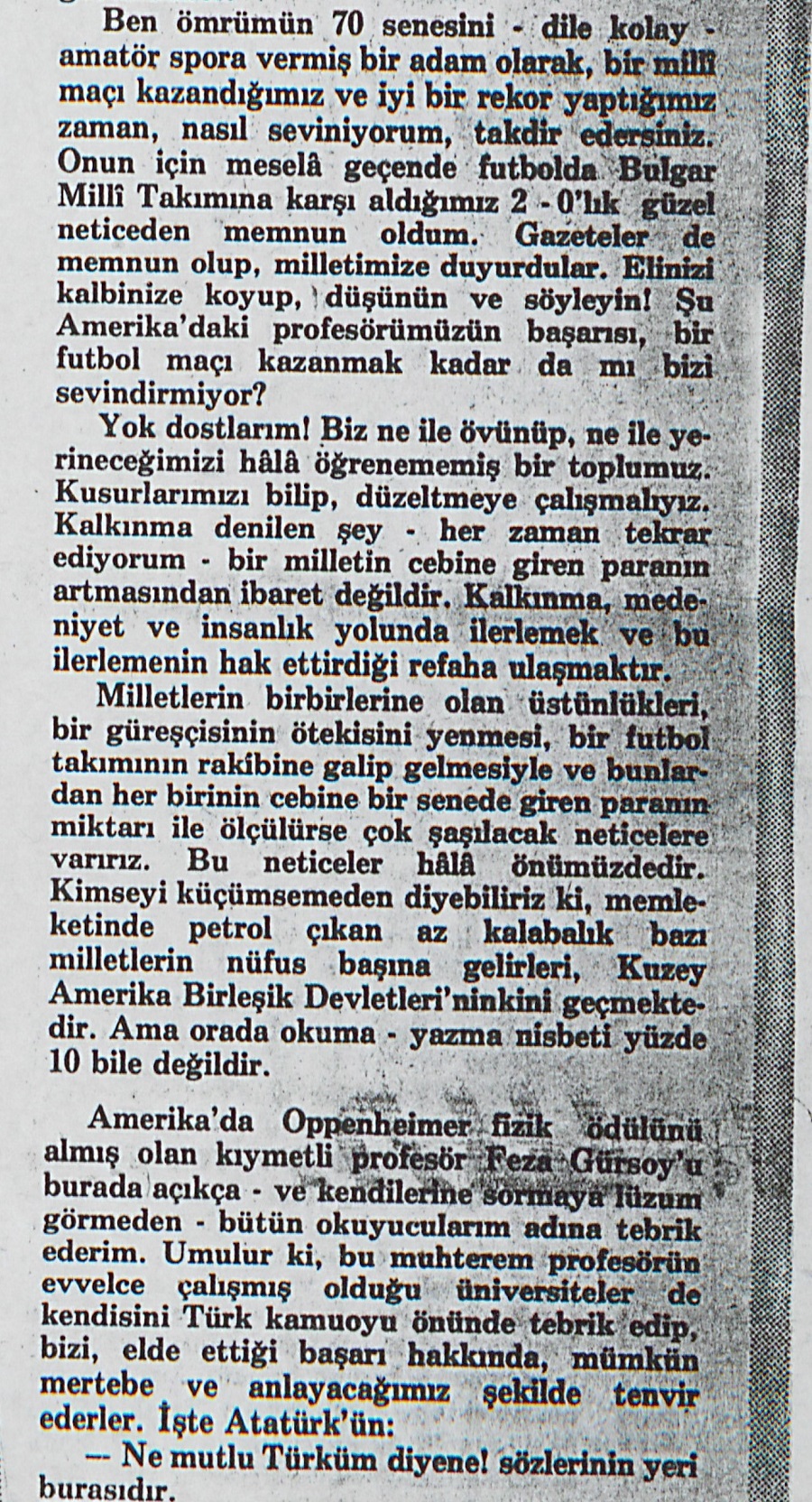 Burhan Felek, “Let’s Take Pride in This”, Milliyet 1977