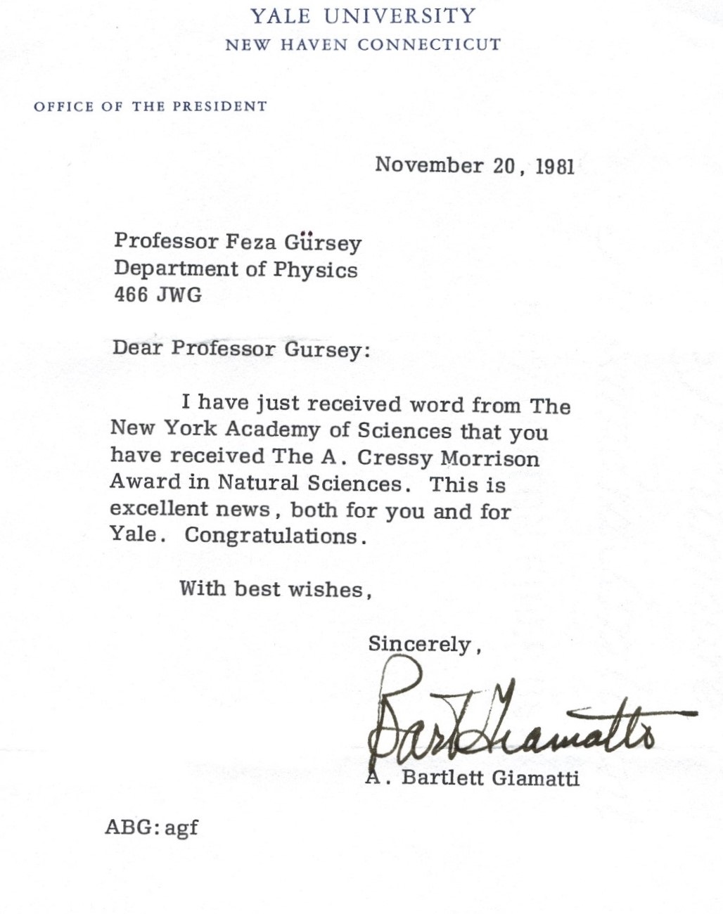 Congratulations message sent to Feza Gürsey for winning the A. Cressy Morisson Award in Natural Sciences given by New York Academy 