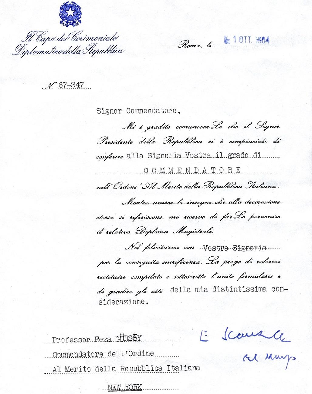 The Commendatore Medal Certificate awarded to Feza Gürsey in 1984 by the Republic of Italy 