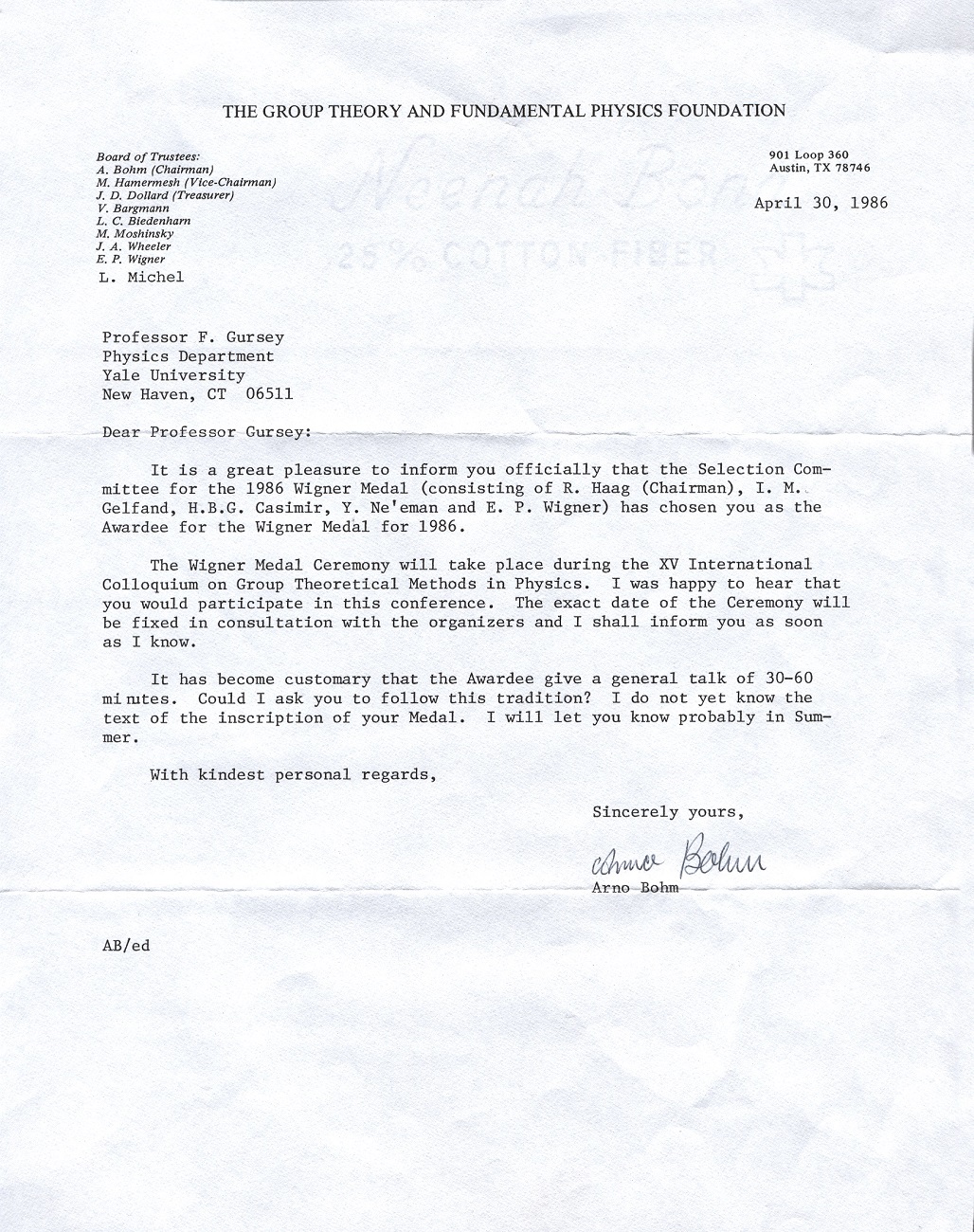 A letter by Arno Bohm letting Feza Gürsey know that he won the Wigner Medal, dating from 30 April 1986