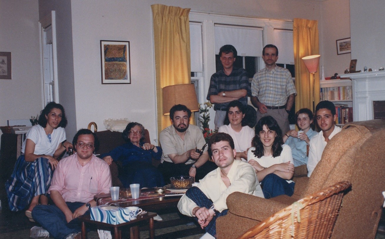 Students visiting Feza Gürsey and Suha Gürsey during Eid Holidays at his own home on 1066 Whitney Avenue (most of the students are now working as professors at different universities). Far left, Meral Serdaroğlu and Yusuf Gürsey, in front of Serdaroğlu, Erhan Gülmez and far left on the back row, Bilal Tanatar