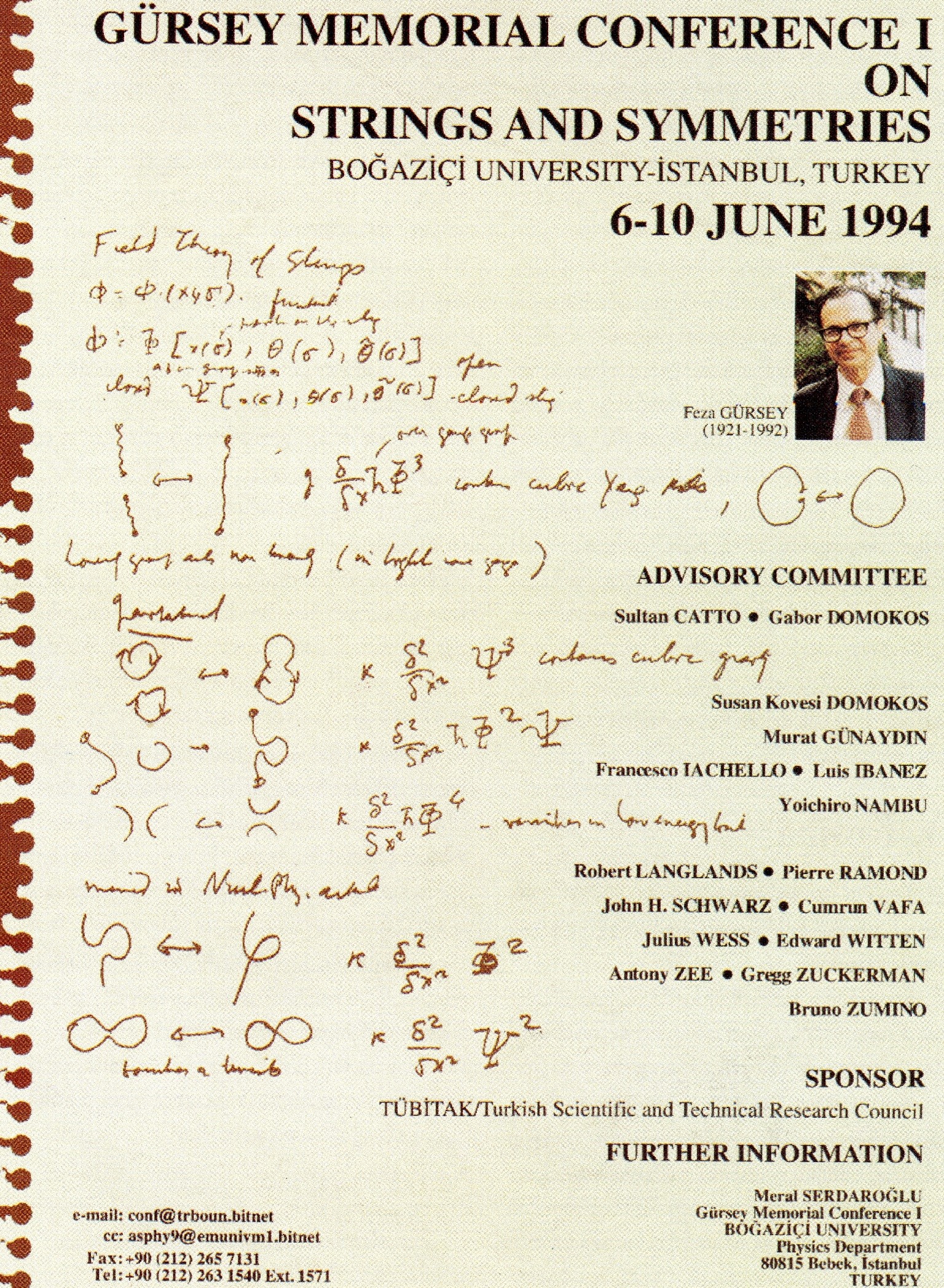 Announcement of “Strings and Symmetries” conference organized at Boğaziçi University on the memory of Feza Gürsey, 1994, poster designed by Mengü Ertel