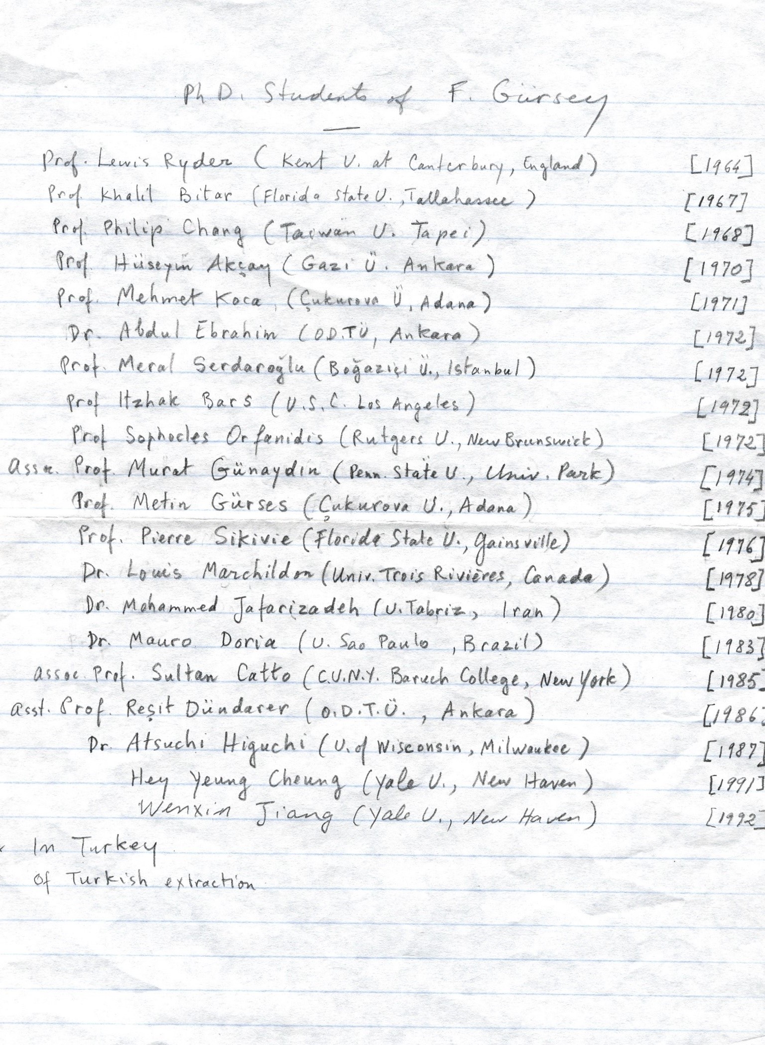 Handwritten list of Feza Gürsey’in doctoral students