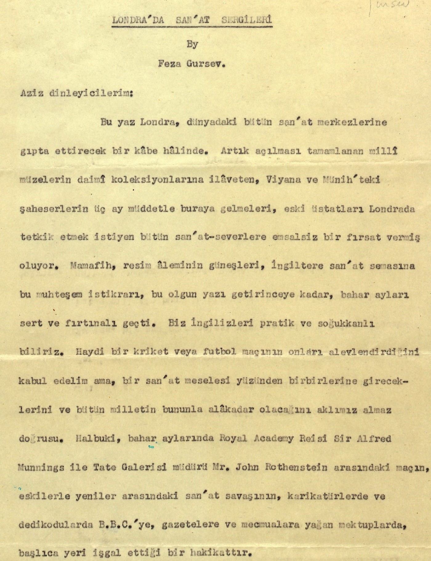 First page of the talk entitled “Art Exhibitions in London” given by Feza Gürsey at BBC