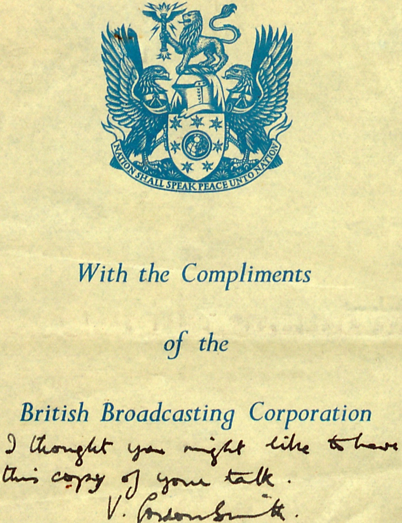 A note stating that a copy of his speech at BBC has been sent