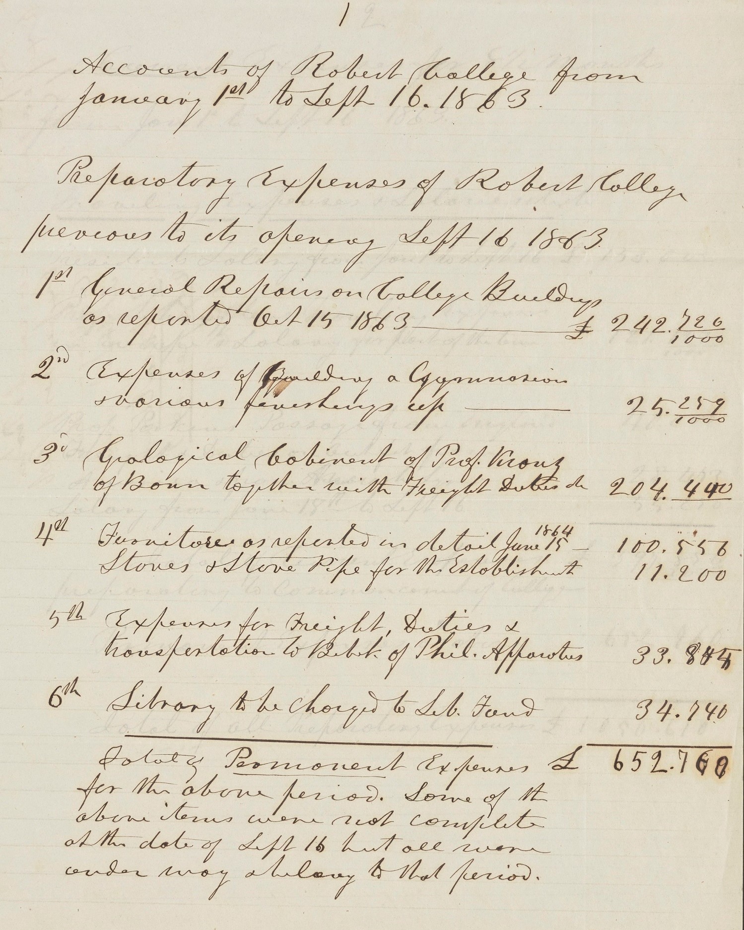 Robert Kolej’in kurulması sırasında masrafları gösteren muhasebe kayıtları, 16/9/1863