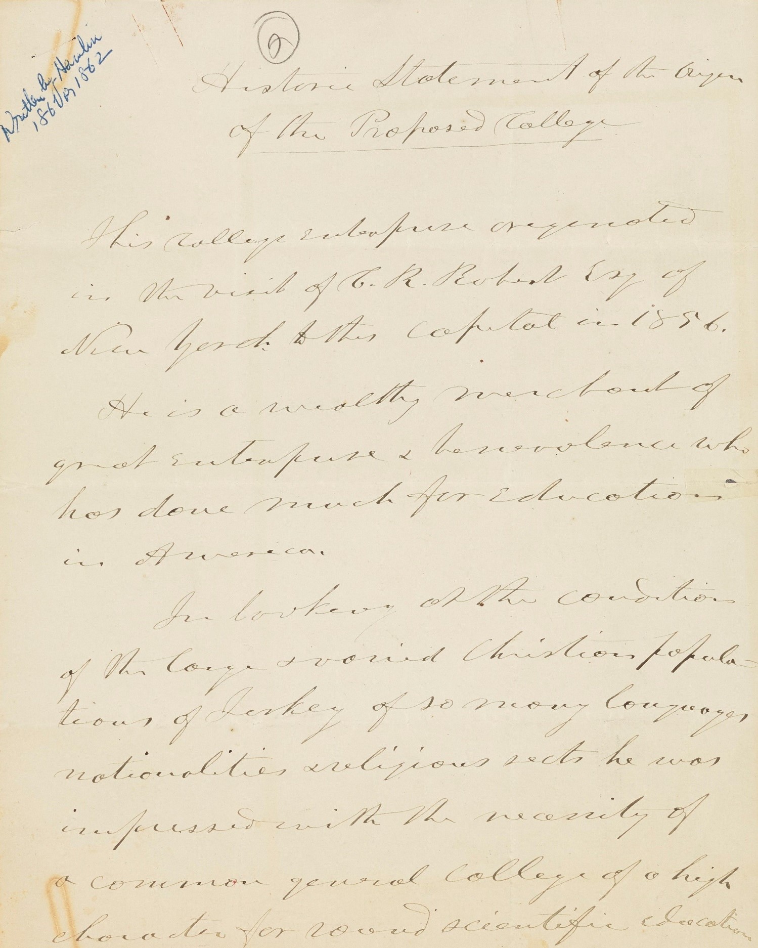“Historic Statement of the Origin of the Proposed College” Cyrus Hamlin, 1861-1862 