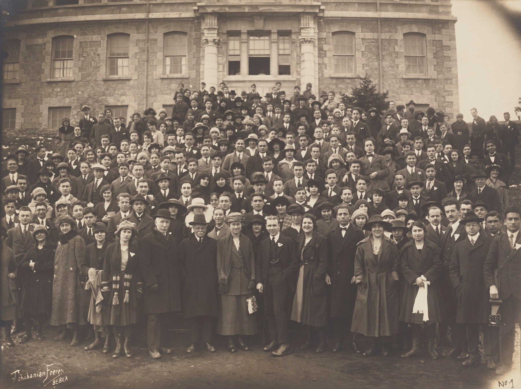 YMCA/YWCA Conference at Robert College, 27 February 1921. Elizabeth Dodge Huntington Clark (middle with hat), a member of the Dodge family, one of the financial supporters. CU-RBML, RC Documents