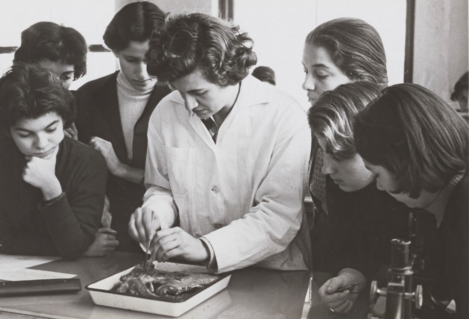 Mrs. Stavridis and her assistant Julia Zafiriadis, biology class, 1956-1957