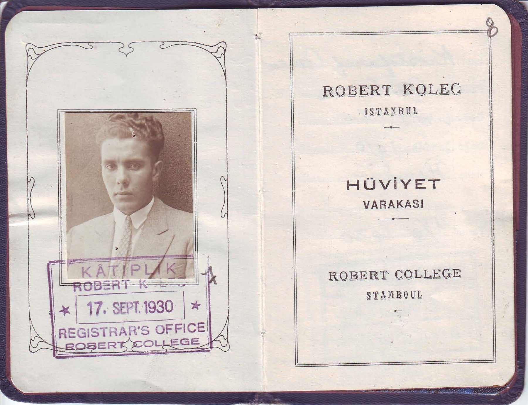 ID cards of Robert College student Assen Christoforoff (RC 1931), dating from 1930 and 1931