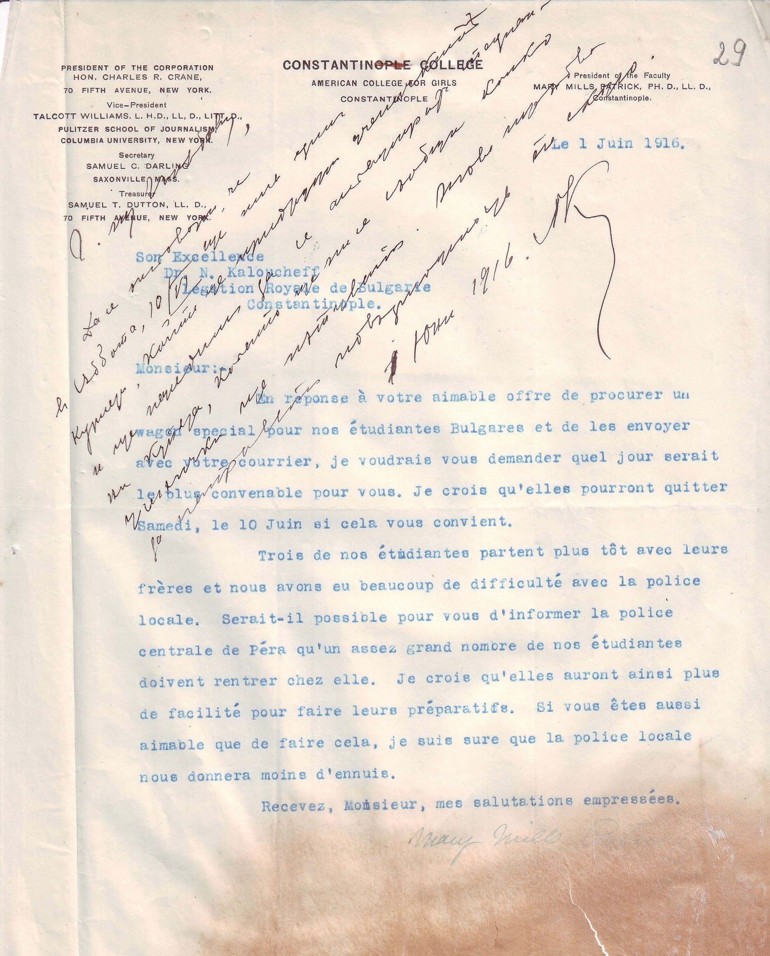 Mary Mills Patrick’s letter to the Bulgarian Embassy, in French