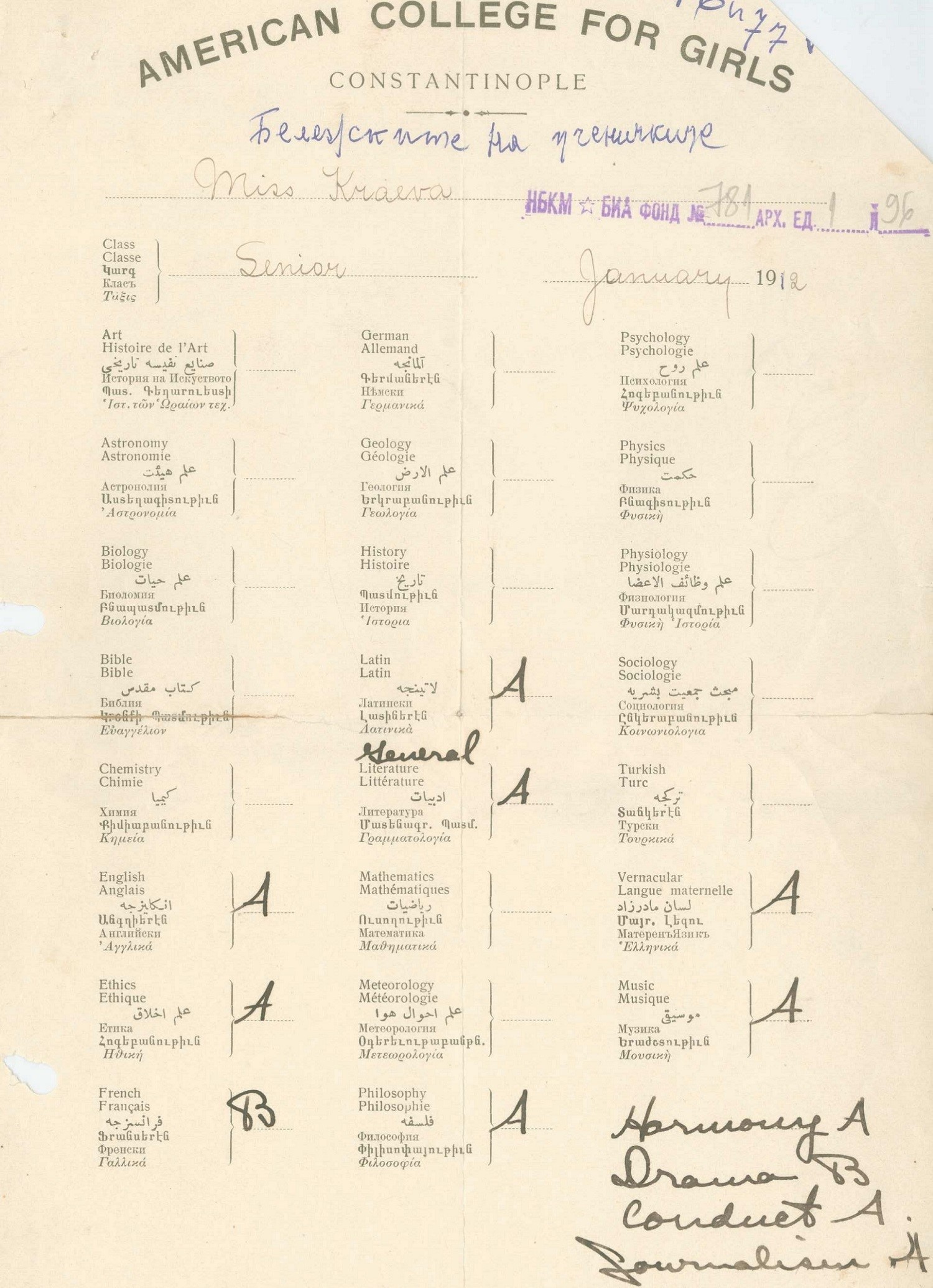 Sonya St. Kraeva Kikimenoff’s report card